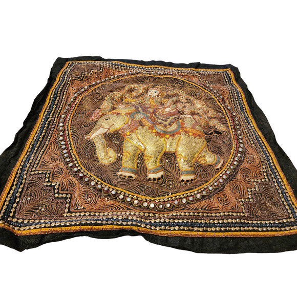 Vintage Asian Elephant Tapestry 3D Raised Handcraft Embroidered Sequins Art 21" - Picture 3 of 16